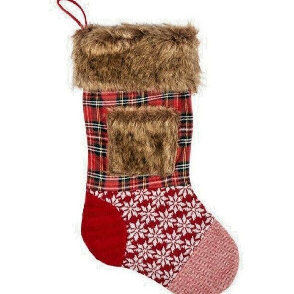 Christmas Stocking Patchwork Faux Fur Tartan Plaid Fair Isle Cabin Lodge Rustic
